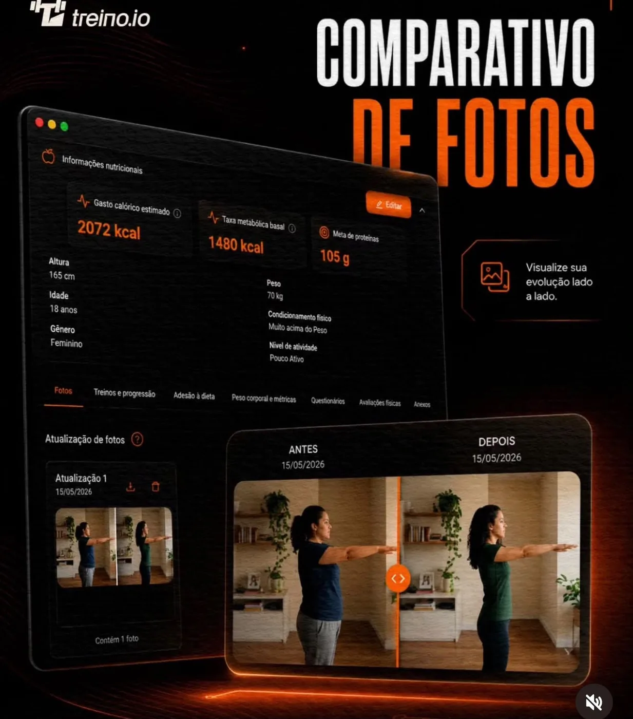 Interface da plataforma Treino.io mostrando comparação de fotos e evolução do aluno